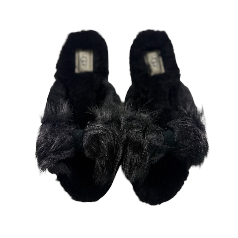 UGG Fluffarella Black Faux Fur Bow Slide Slippers 1123642 Womens Size 9 NEW